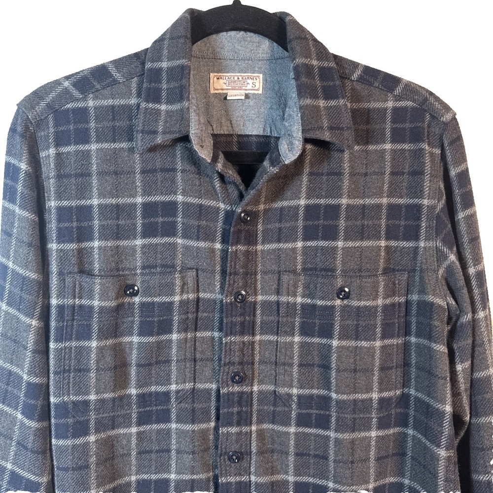 Wallace Barnes Flannel Shirt Men S Blue Gray Plaid Heavyweight Work Button Up - Picture 2 of 11